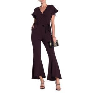 Spence Black Neck Ruffled Sleeve Bell Bottom Jumpsuit Pocket Belted Slim Size 10